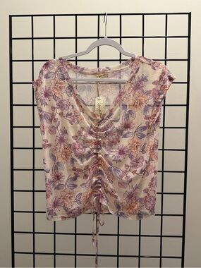 Mystree Cream Floral Ruched V-Neck Top with Pink & Purple Blooms